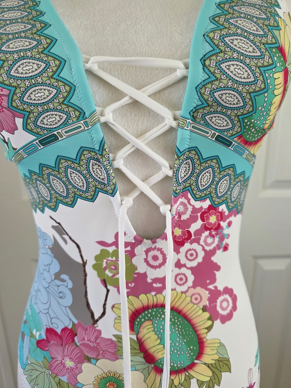 Johnny Was Cora Lace Up One Piece Swimsuit Blue Floral Print SZ S Boho Resort - Picture 11 of 14